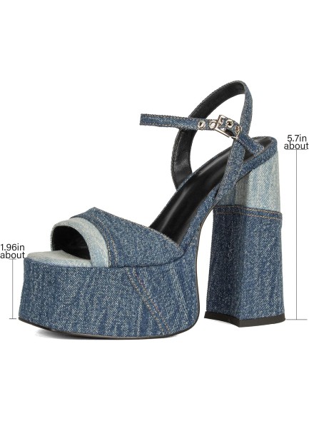 Women Denim Chunky High Heel Sandals Peep Open Toe Ankle Buckle Strap Backless Heeled Sandals Casual