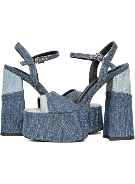 Women Denim Chunky High Heel Sandals Peep Open Toe Ankle Buckle Strap Backless Heeled Sandals Casual