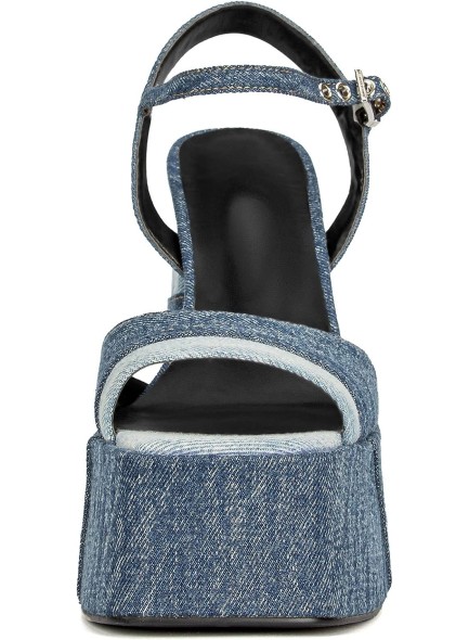 Women Denim Chunky High Heel Sandals Peep Open Toe Ankle Buckle Strap Backless Heeled Sandals Casual