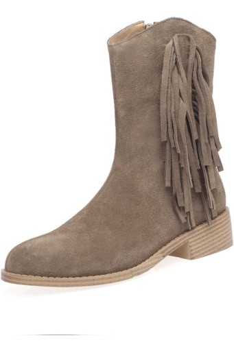 Suede Leather Women's Round Toe Handmade Tassels Low Chunky Heels Zip Up Trendy Mid-Calf Boots 