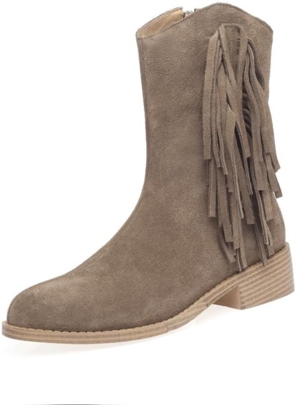 Suede Leather Women's Round Toe Handmade Tassels Low Chunky Heels Zip Up Trendy Mid-Calf Boots