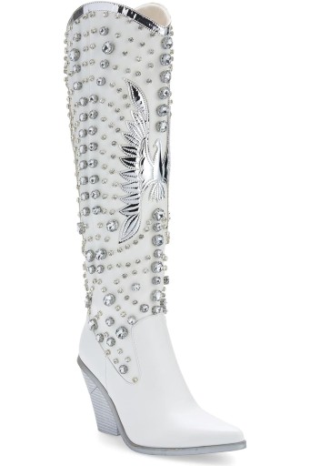 Rhinestone Cowboy Boots for Women Eagle Parttern Cowgirl Boots Chunky Heel Knee High Western Long Boots 