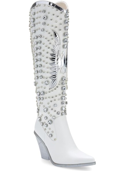 Rhinestone Cowboy Boots for Women Eagle Parttern Cowgirl Boots Chunky Heel Knee High Western Long Boots