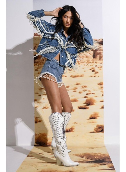 Rhinestone Cowboy Boots for Women Eagle Parttern Cowgirl Boots Chunky Heel Knee High Western Long Boots
