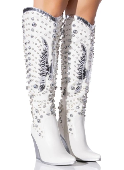 Rhinestone Cowboy Boots for Women Eagle Parttern Cowgirl Boots Chunky Heel Knee High Western Long Boots