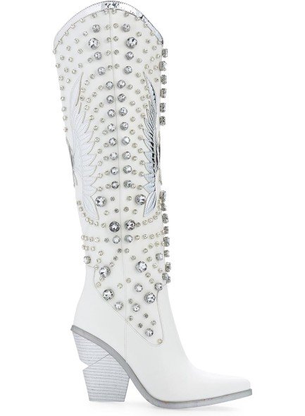 Rhinestone Cowboy Boots for Women Eagle Parttern Cowgirl Boots Chunky Heel Knee High Western Long Boots