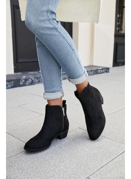 Women's Ankle Boots Round Toe Suede Western Short Booties Low Mid Block Chunky Heel Side Zipper Chelsea Boots