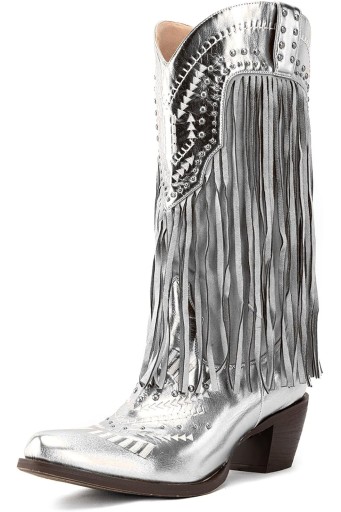 Metallic Stud Fringe Cowboy BootsTassel Cowgirl Boots Chunky Heel Wide Mid Calf Music Festival Western Boots