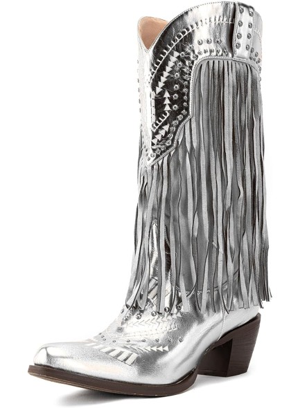 Metallic Stud Fringe Cowboy BootsTassel Cowgirl Boots Chunky Heel Wide Mid Calf Music Festival Western Boots