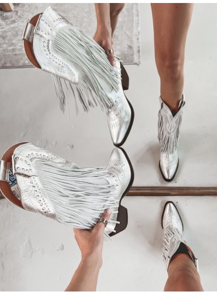 Metallic Stud Fringe Cowboy BootsTassel Cowgirl Boots Chunky Heel Wide Mid Calf Music Festival Western Boots