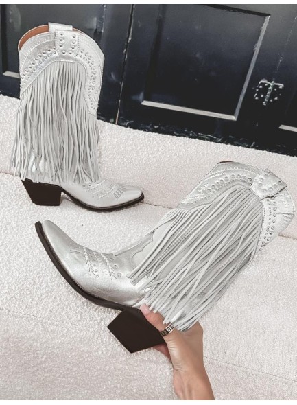 Metallic Stud Fringe Cowboy BootsTassel Cowgirl Boots Chunky Heel Wide Mid Calf Music Festival Western Boots
