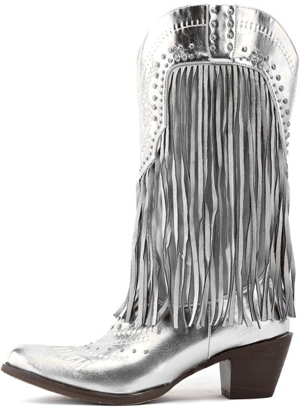 Metallic Stud Fringe Cowboy BootsTassel Cowgirl Boots Chunky Heel Wide Mid Calf Music Festival Western Boots