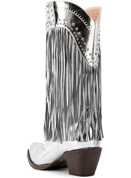 Metallic Stud Fringe Cowboy BootsTassel Cowgirl Boots Chunky Heel Wide Mid Calf Music Festival Western Boots