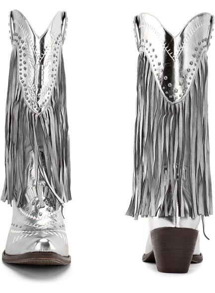 Metallic Stud Fringe Cowboy BootsTassel Cowgirl Boots Chunky Heel Wide Mid Calf Music Festival Western Boots