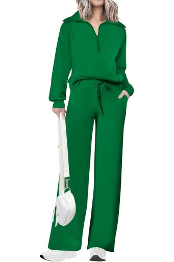 Womens 2 Piece Outfits Casual Lapel Half Zip Sweatshirts And Wide Leg Pants Tracksuit Sets