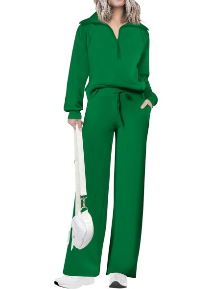 Womens 2 Piece Outfits Casual Lapel Half Zip Sweatshirts And Wide Leg Pants Tracksuit Sets