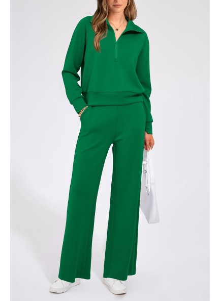 Womens 2 Piece Outfits Casual Lapel Half Zip Sweatshirts And Wide Leg Pants Tracksuit Sets