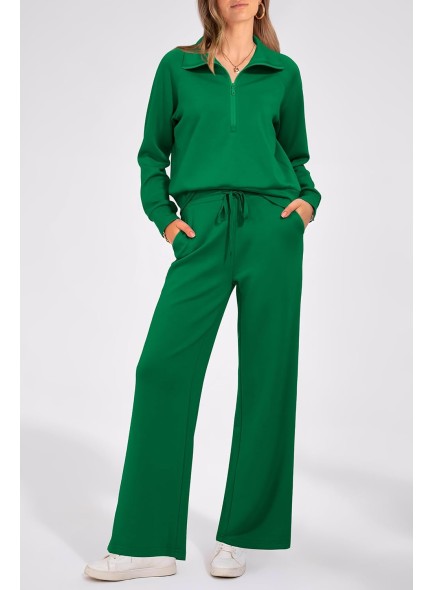 Womens 2 Piece Outfits Casual Lapel Half Zip Sweatshirts And Wide Leg Pants Tracksuit Sets