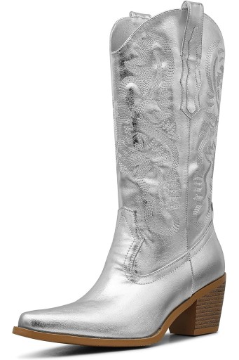 Silver Metallic Cowboy Boots Women&#39;s Cowgirl Boots Pull On Chunky High Heel Almond Toe Boots Embroidered Western Mid Calf Boots