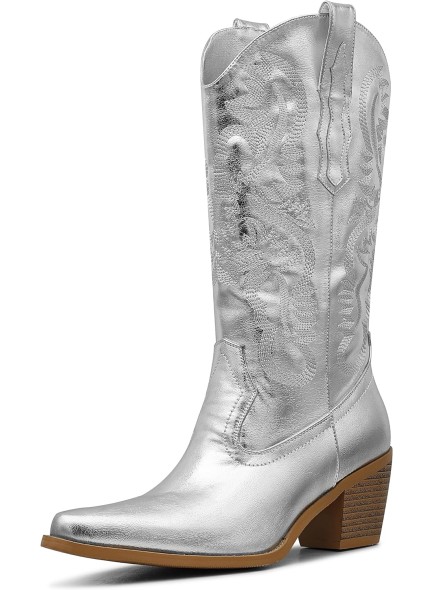 Silver Metallic Cowboy Boots Women&#39;s Cowgirl Boots Pull On Chunky High Heel Almond Toe Boots Embroidered Western Mid Calf Boots