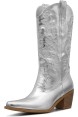 Silver Metallic Cowboy Boots Women&#39;s Cowgirl Boots Pull On Chunky High Heel Almond Toe Boots Embroidered Western Mid Calf Boots 