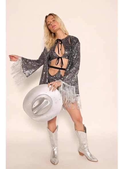 Silver Metallic Cowboy Boots Women&#39;s Cowgirl Boots Pull On Chunky High Heel Almond Toe Boots Embroidered Western Mid Calf Boots