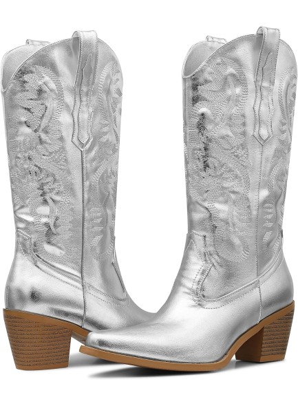 Silver Metallic Cowboy Boots Women&#39;s Cowgirl Boots Pull On Chunky High Heel Almond Toe Boots Embroidered Western Mid Calf Boots