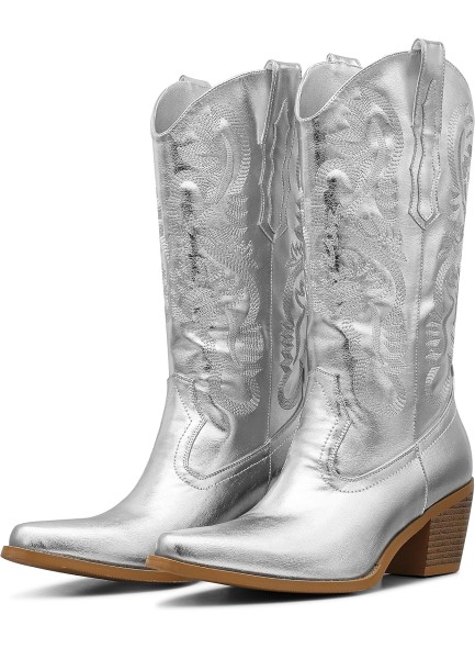 Silver Metallic Cowboy Boots Women&#39;s Cowgirl Boots Pull On Chunky High Heel Almond Toe Boots Embroidered Western Mid Calf Boots