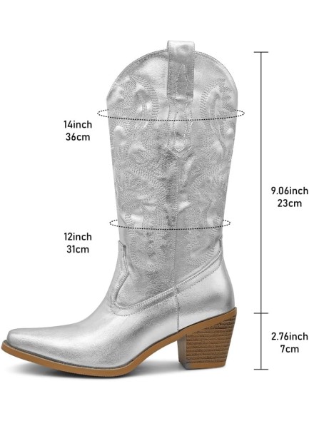 Silver Metallic Cowboy Boots Women&#39;s Cowgirl Boots Pull On Chunky High Heel Almond Toe Boots Embroidered Western Mid Calf Boots