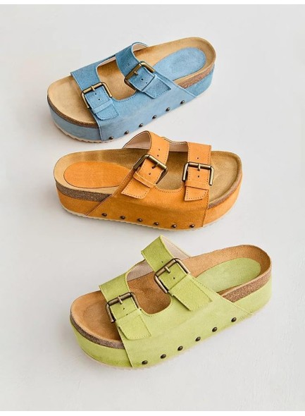 Women's Cork Platform Slides Suede Adjustable Buckle Strap Clogs Slip On Flatform Sandals
