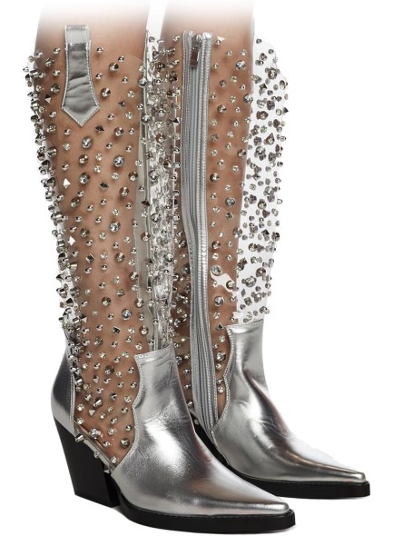 Clear Rhinestones Cowboy Boots for Women Diamond Cowgirl Boots Chunky Heel Pointed Toe Western Boots