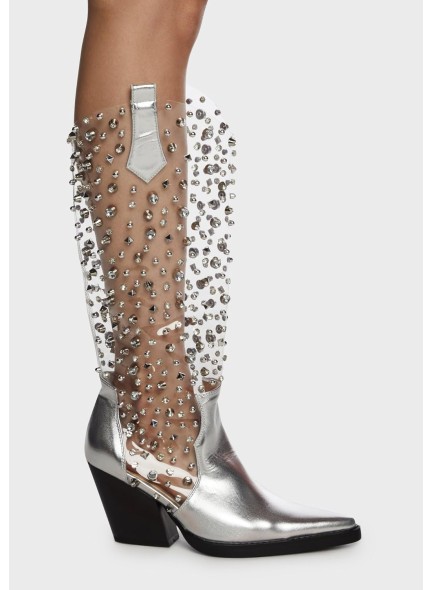 Clear Rhinestones Cowboy Boots for Women Diamond Cowgirl Boots Chunky Heel Pointed Toe Western Boots