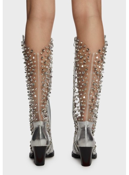 Clear Rhinestones Cowboy Boots for Women Diamond Cowgirl Boots Chunky Heel Pointed Toe Western Boots