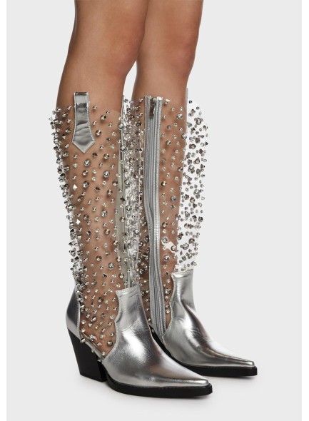 Clear Rhinestones Cowboy Boots for Women Diamond Cowgirl Boots Chunky Heel Pointed Toe Western Boots