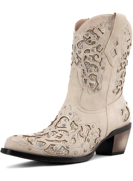 Sparkly Rhinestone Ankle Cowboy Boots for Women Sequin Glitter Cowgirl Boots Bling Western Booties Embroidered Slip On Short Boots