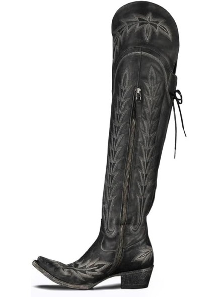 Embroidered Cowboy Boots Lace up Thigh High Boots Wide Calf Over The Knee Boots Side Zip Western Cowgirl Boots