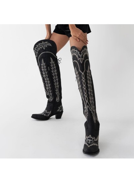 Embroidered Cowboy Boots Lace up Thigh High Boots Wide Calf Over The Knee Boots Side Zip Western Cowgirl Boots