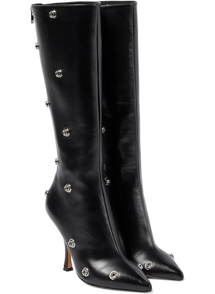 Women's Knee High Boots Pointed Toe Stiletto High Heels Wide Calf Boots Ruched Slouchy Boots with Zipper