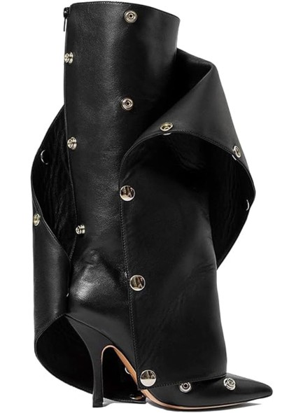Women's Knee High Boots Pointed Toe Stiletto High Heels Wide Calf Boots Ruched Slouchy Boots with Zipper