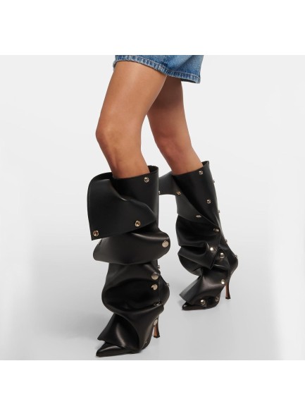 Women's Knee High Boots Pointed Toe Stiletto High Heels Wide Calf Boots Ruched Slouchy Boots with Zipper