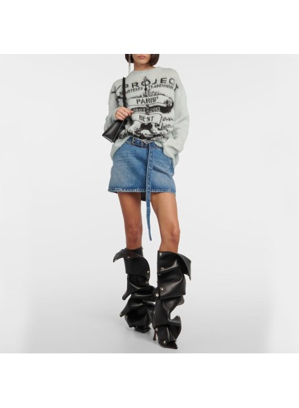Women's Knee High Boots Pointed Toe Stiletto High Heels Wide Calf Boots Ruched Slouchy Boots with Zipper