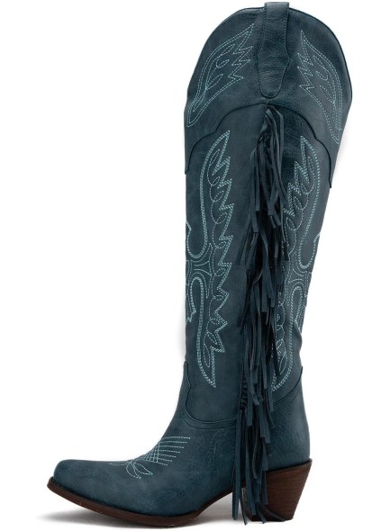 Cowgirl Fringe Boots for Women Pointed Toe Mid Calf Western Knee High Cowboy Boots