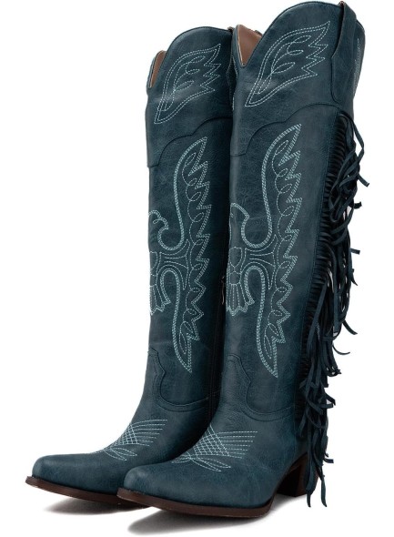 Cowgirl Fringe Boots for Women Pointed Toe Mid Calf Western Knee High Cowboy Boots