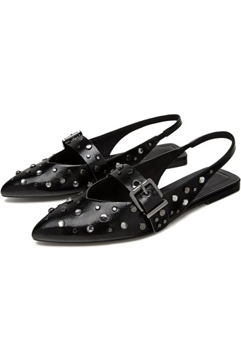 Silver Slingback Flats Shoes Pointed Toe Buckle Eyelet Flats Slip on Shoes Studded Plate Rivet Fashion Ballerina Shoes Casual Wedding Dancing Metallic Silver Shoes D'orsay Point Plain Ballet