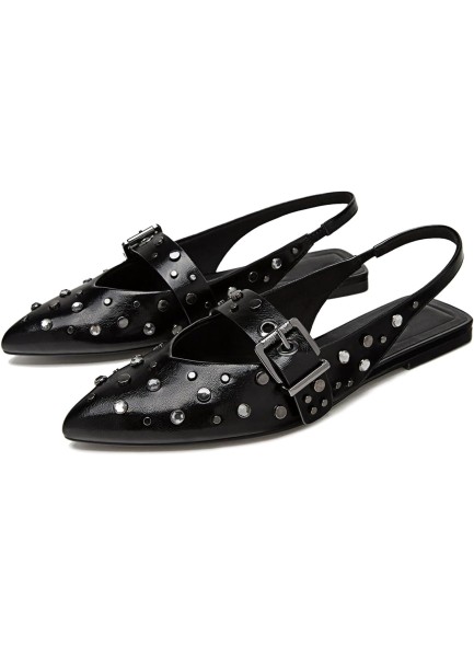 Silver Slingback Flats Shoes Pointed Toe Buckle Eyelet Flats Slip on Shoes Studded Plate Rivet Fashion Ballerina Shoes Casual Wedding Dancing Metallic Silver Shoes D'orsay Point Plain Ballet