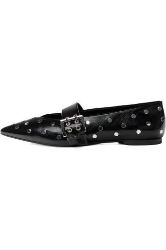 Women's Pointed Toe Flats Sliver Studs Buckle Strap Ballerina Comfortable Casual Dress Shoes 