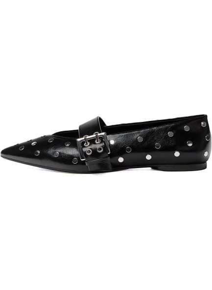 Women's Pointed Toe Flats Sliver Studs Buckle Strap Ballerina Comfortable Casual Dress Shoes