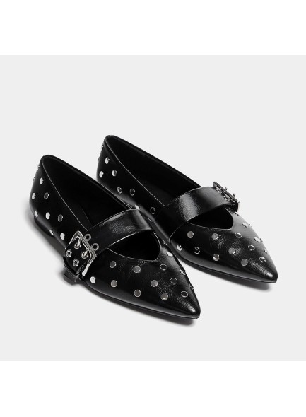 Women's Pointed Toe Flats Sliver Studs Buckle Strap Ballerina Comfortable Casual Dress Shoes