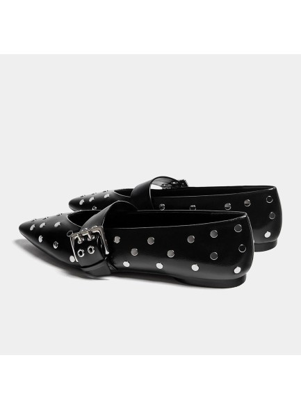 Women's Pointed Toe Flats Sliver Studs Buckle Strap Ballerina Comfortable Casual Dress Shoes