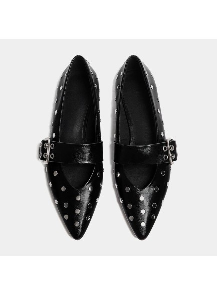 Women's Pointed Toe Flats Sliver Studs Buckle Strap Ballerina Comfortable Casual Dress Shoes